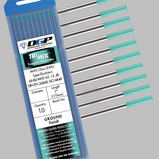 Pack of Diamond Ground Trimix tungsten electrodes with packaging on a white background